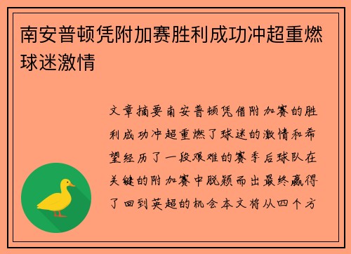 南安普顿凭附加赛胜利成功冲超重燃球迷激情